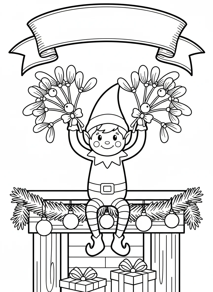 Coloring-Page-Of-An-Elf-On-The-Shelf-With-Mistletoes — free coloring page