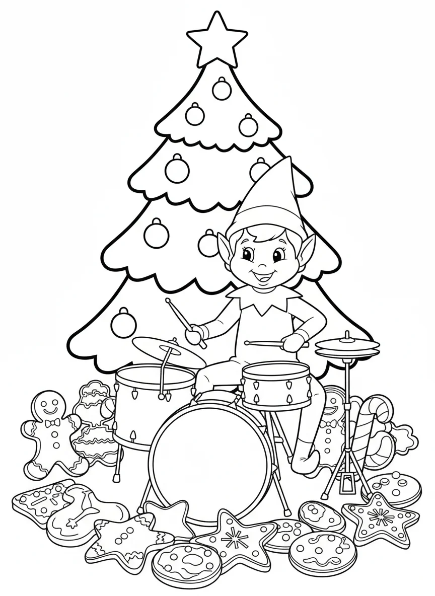 Cute Elf on the Shelf Playing Christmas Drums while Surrounded by Cookies and Tr — free coloring page