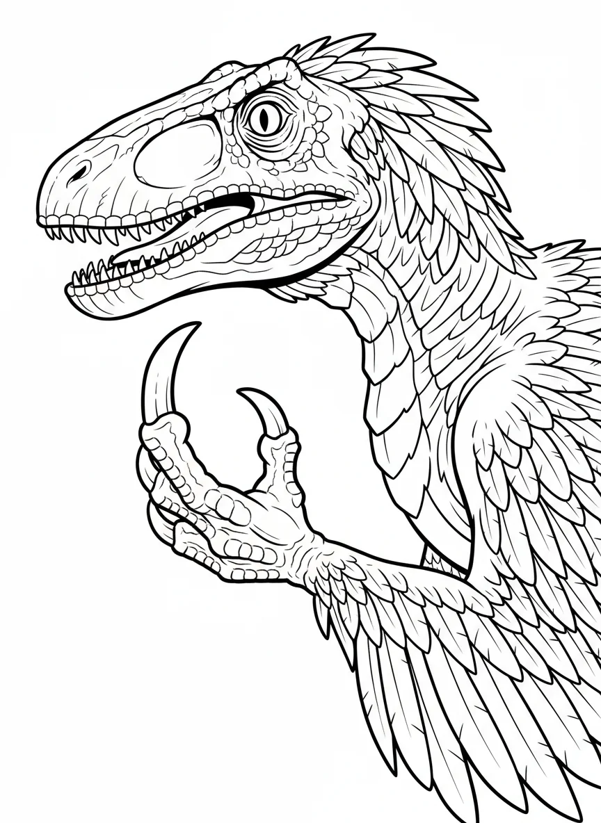 Deinonychus close-up showing fearsome sickle claw held aloft, detailed feather a — free coloring page