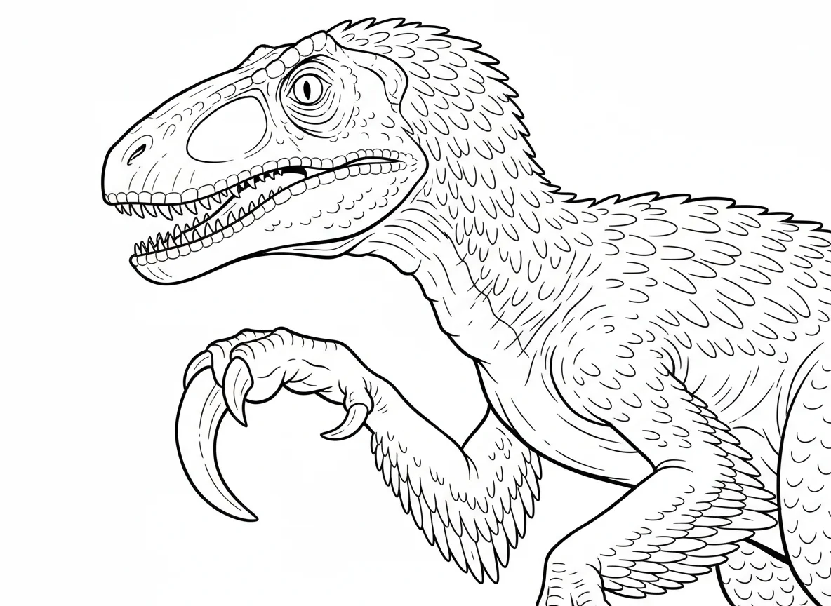Deinonychus close-up showing fearsome sickle claw held aloft, detailed feather a — free coloring page