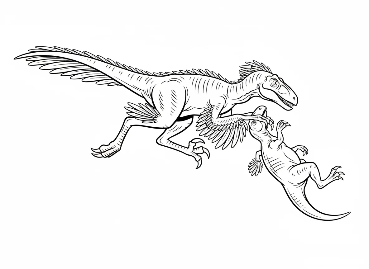 Deinonychus leaping onto prey, all four limbs extended, feathers streaming, dyna — free coloring page