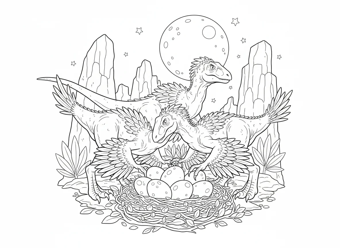Deinonychus nest at night, pair guarding eggs, feathers puffed against cool air, — free coloring page