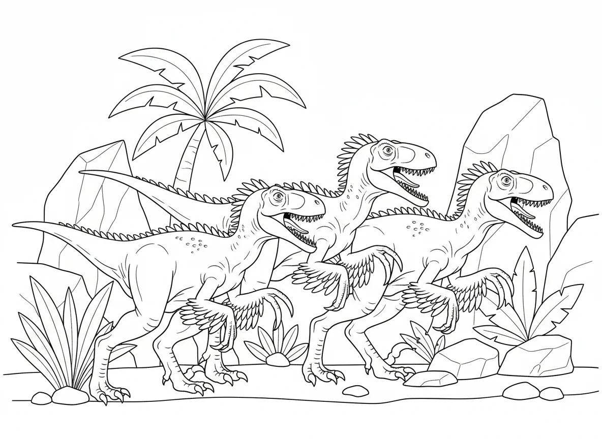 Deinonychus pack hunting in coordinated formation, sickle claws raised, feathers — free coloring page