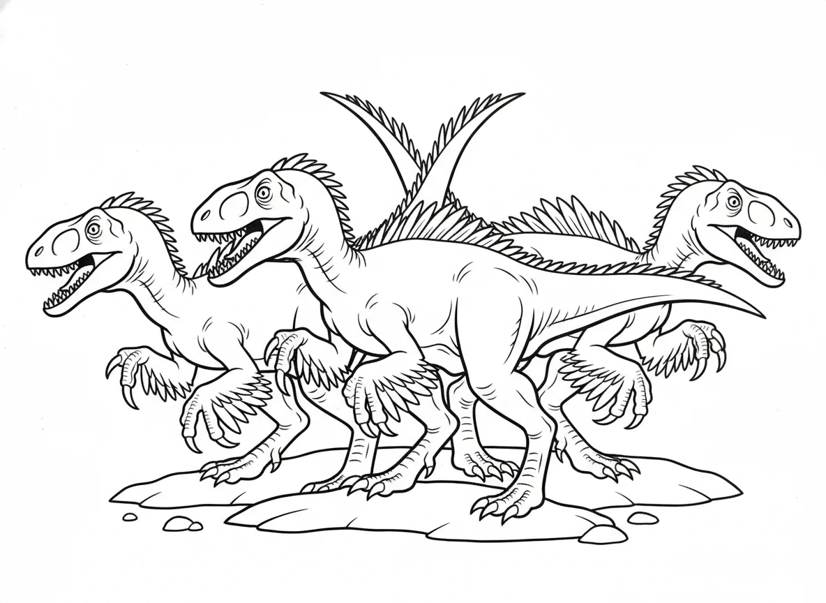 Deinonychus pack hunting in coordinated formation, sickle claws raised, feathers — free coloring page