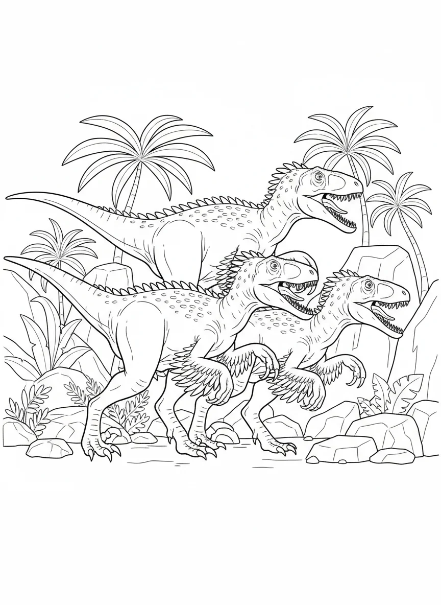 Deinonychus pack hunting in coordinated formation, sickle claws raised, feathers — free coloring page
