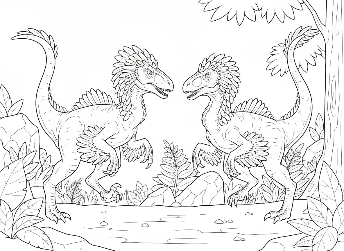 Deinonychus pair communicating before a hunt, complex body language, raised feat — free coloring page