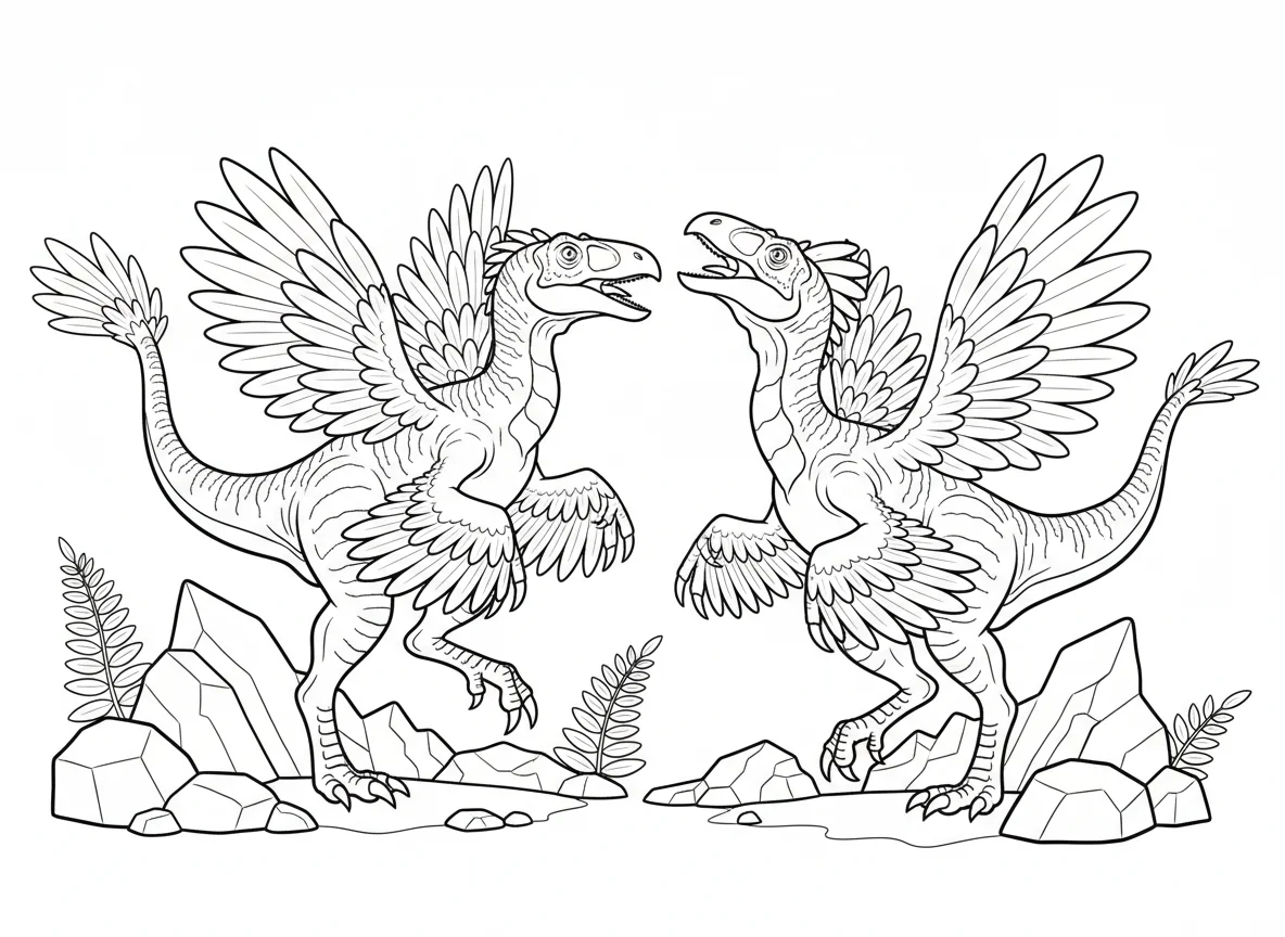 Deinonychus pair communicating before a hunt, complex body language, raised feat — free coloring page