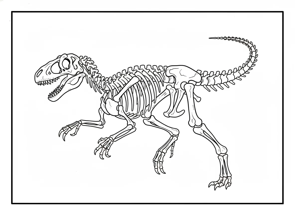 Deinonychus skeleton in leaping pose, sickle claw prominent, museum display, col — free coloring page