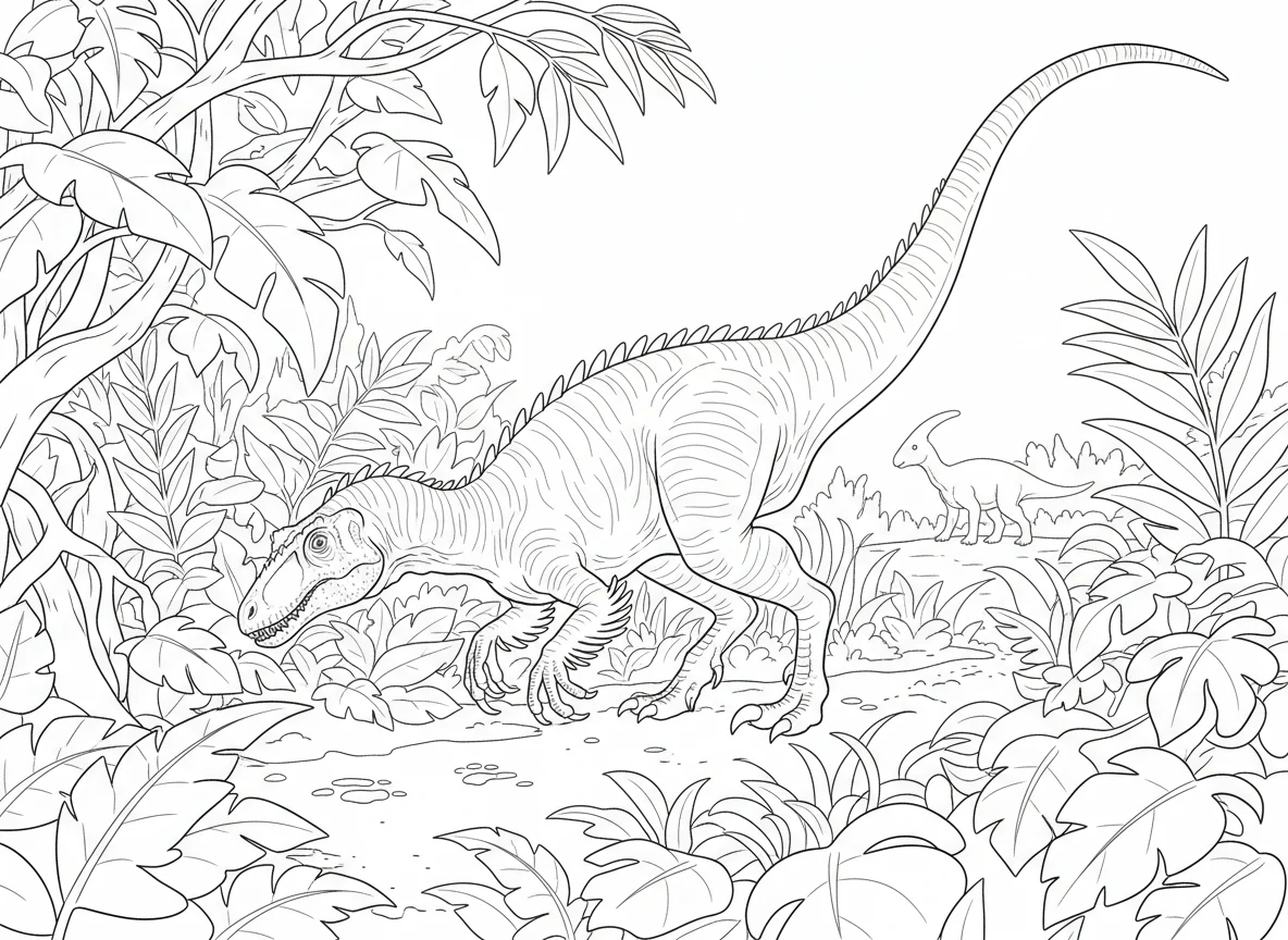 Deinonychus tracking prey through undergrowth, nose to ground, tail raised for b — free coloring page