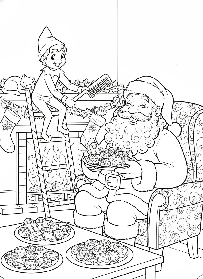 Elf on the Shelf Fixing Santa’s Beard by the Fireplace with Christmas Cookies Co — free coloring page
