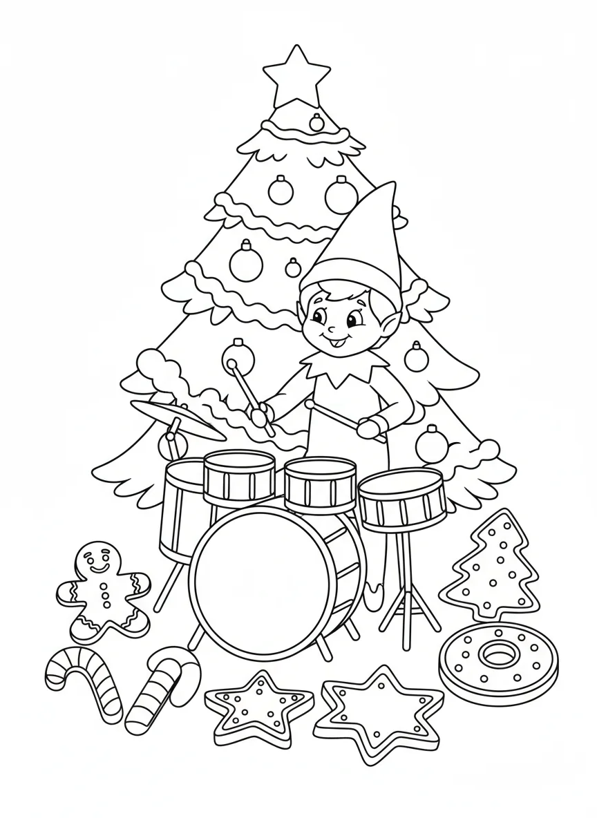 Elf on the Shelf Playing Christmas Drums while Surrounded by Cookies and Tree — free coloring page