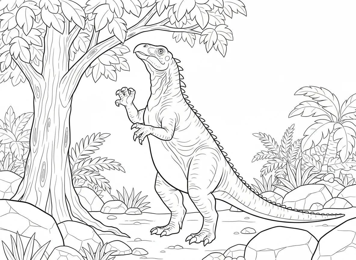 Iguanodon standing on hind legs reaching for tree branches, distinctive thumb sp — free coloring page