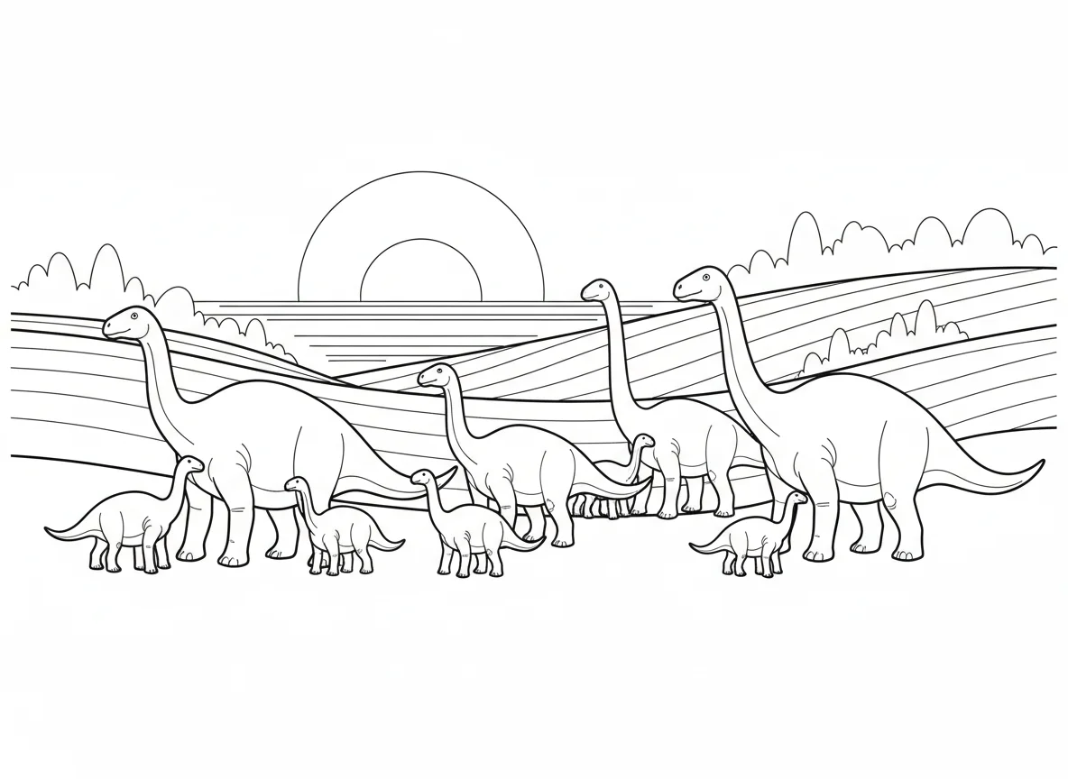 Maiasaura herd at sunset, silhouettes of various sizes, calves close to mothers, — free coloring page