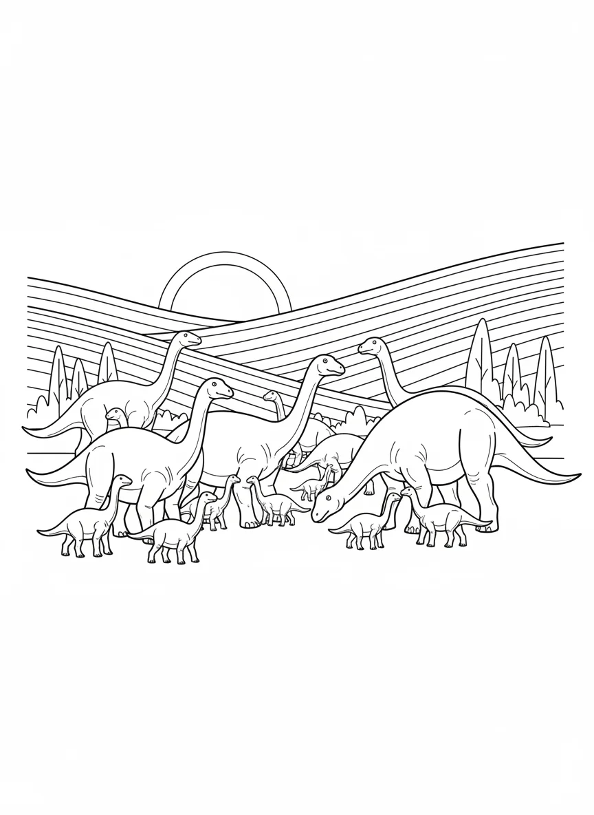 Maiasaura herd at sunset, silhouettes of various sizes, calves close to mothers, — free coloring page