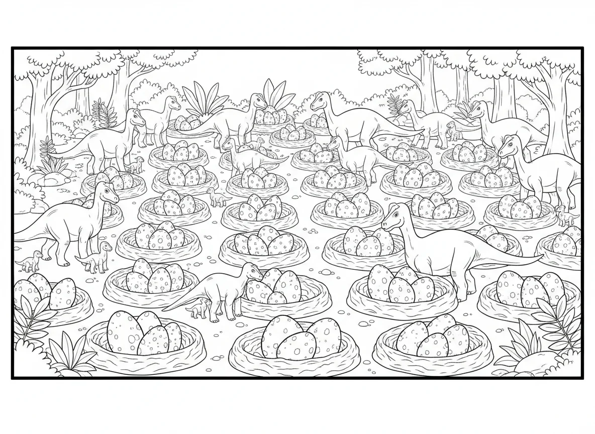 Maiasaura nesting colony, dozens of nests in organized rows, prehistoric version — free coloring page