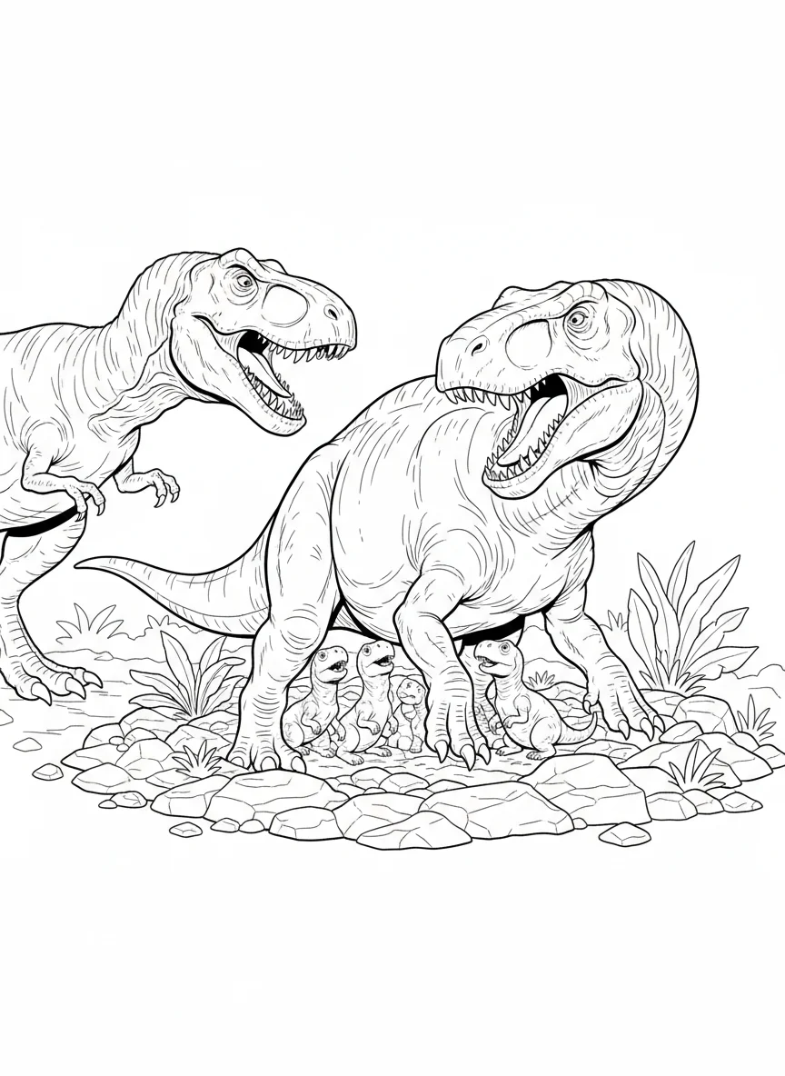 Maiasaura protecting its young from a predator, standing its ground, maternal fu — free coloring page