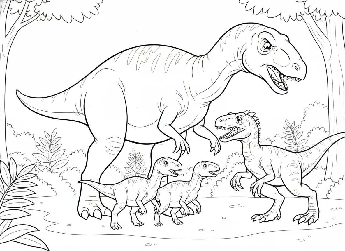 Maiasaura protecting its young from a predator, standing its ground, maternal fu — free coloring page