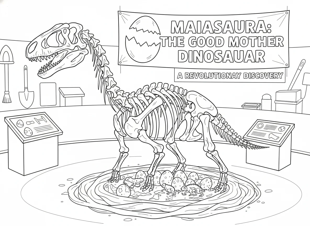 Maiasaura skeleton with egg fossils nearby, museum display showing the discovery — free coloring page