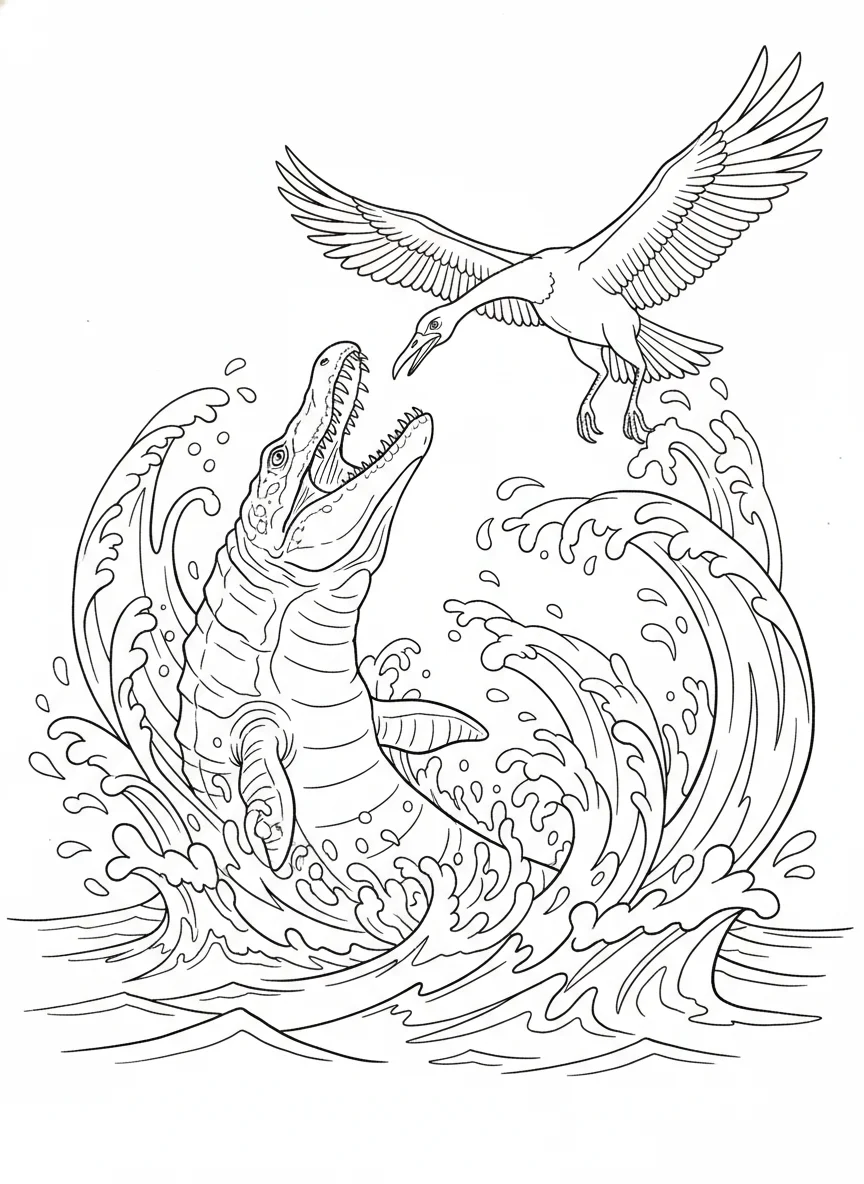 Mosasaurus breaching the ocean surface leaping out of the water to catch a large — free coloring page