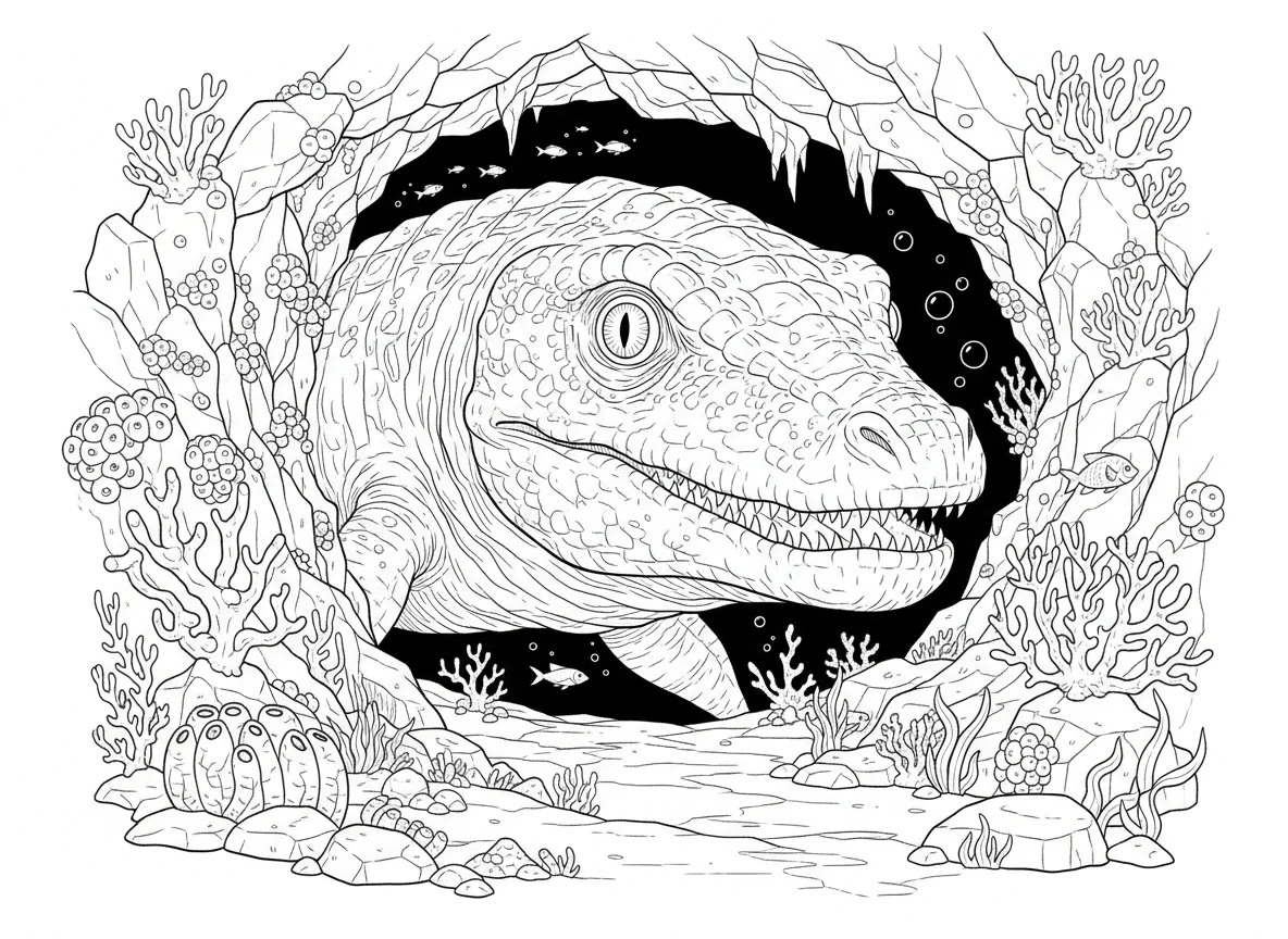 Mosasaurus emerging from a dark underwater cave, glowing eyes, ancient barnacles — free coloring page