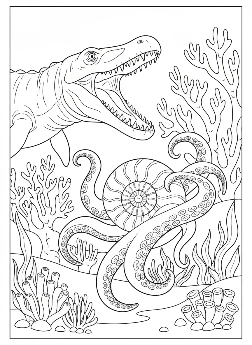 Mosasaurus hunting an ammonite in deep ocean, tentacles wrapping around the shel — free coloring page