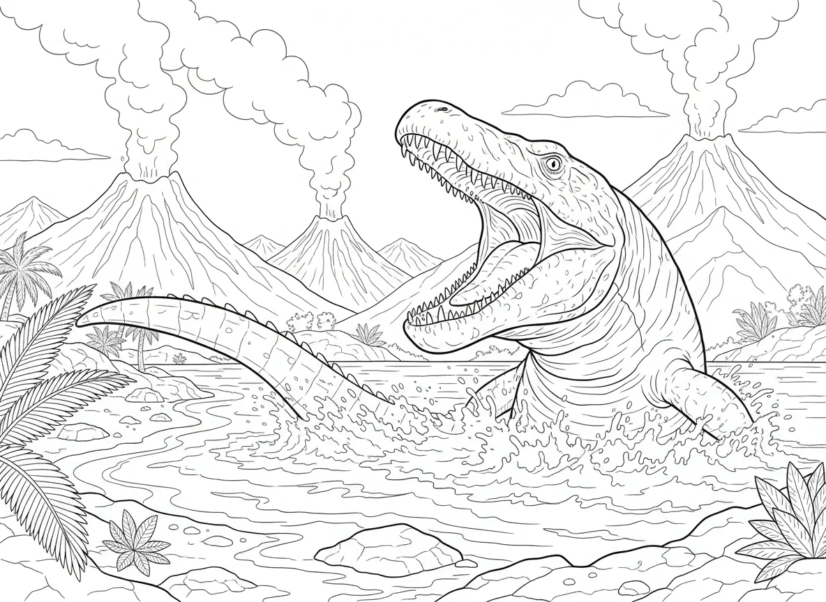 Mosasaurus in a prehistoric coastal scene, half body out of water attacking a sh — free coloring page