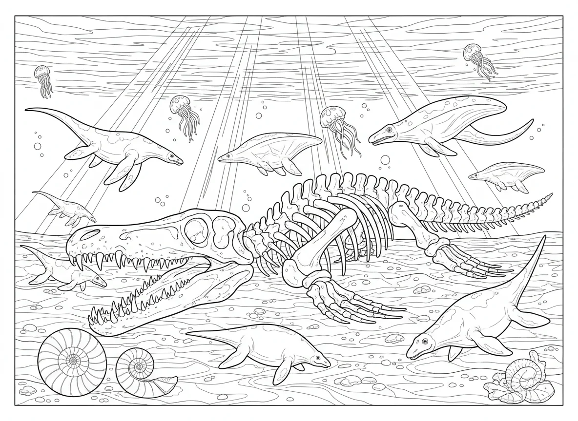 Mosasaurus resting on the ocean floor, surrounded by ancient sea creatures, rays — free coloring page