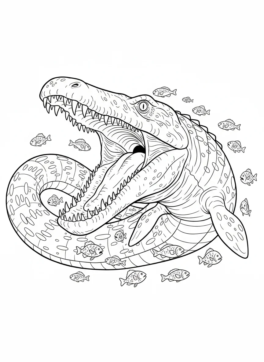 Mosasaurus swimming through a prehistoric ocean, mouth open showing rows of shar — free coloring page