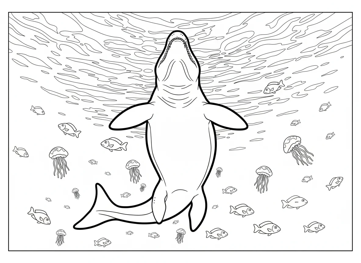 Mosasaurus viewed from below looking up, silhouetted against the bright ocean su — free coloring page