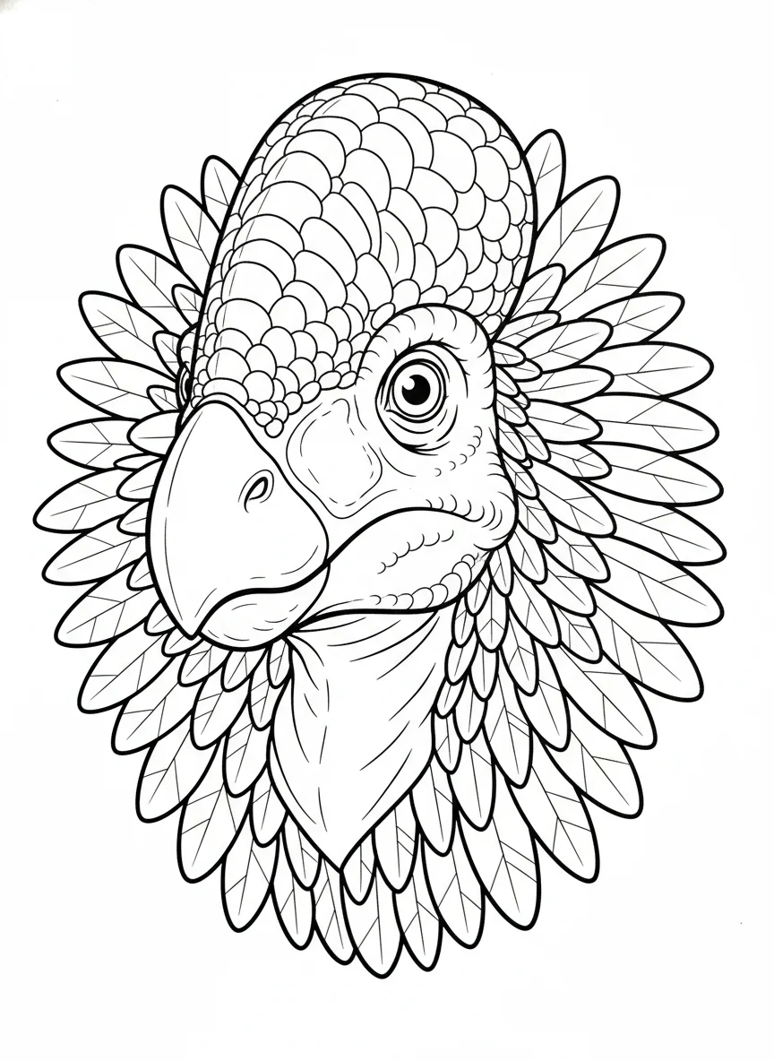 Oviraptor close-up portrait, distinctive toothless beak, prominent head crest, e — free coloring page