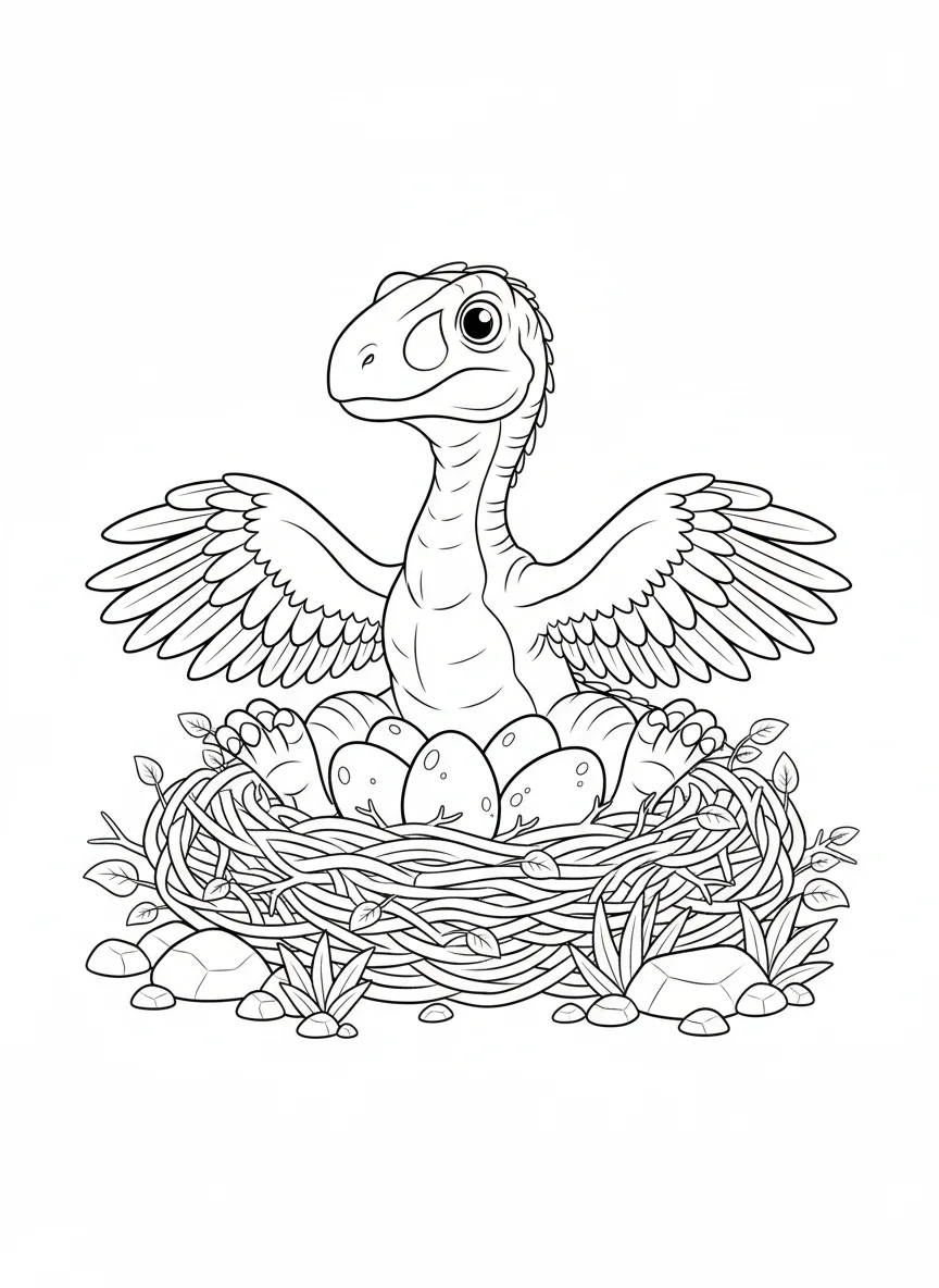 Oviraptor sitting on its nest, feathered arms spread protectively over eggs, att — free coloring page