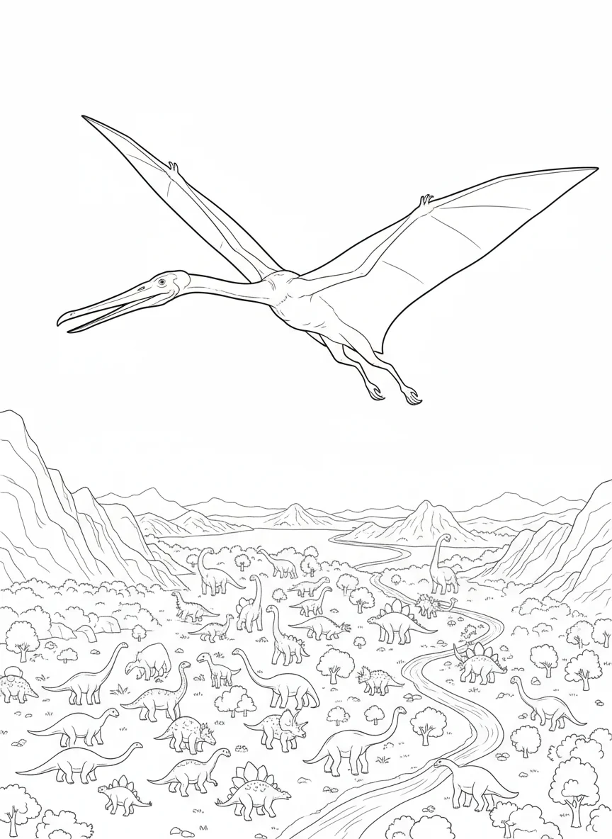 Quetzalcoatlus flying over a herd of dinosaurs far below, aerial perspective, va — free coloring page
