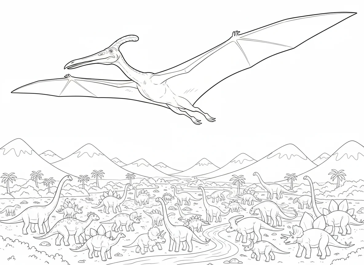 Quetzalcoatlus flying over a herd of dinosaurs far below, aerial perspective, va — free coloring page