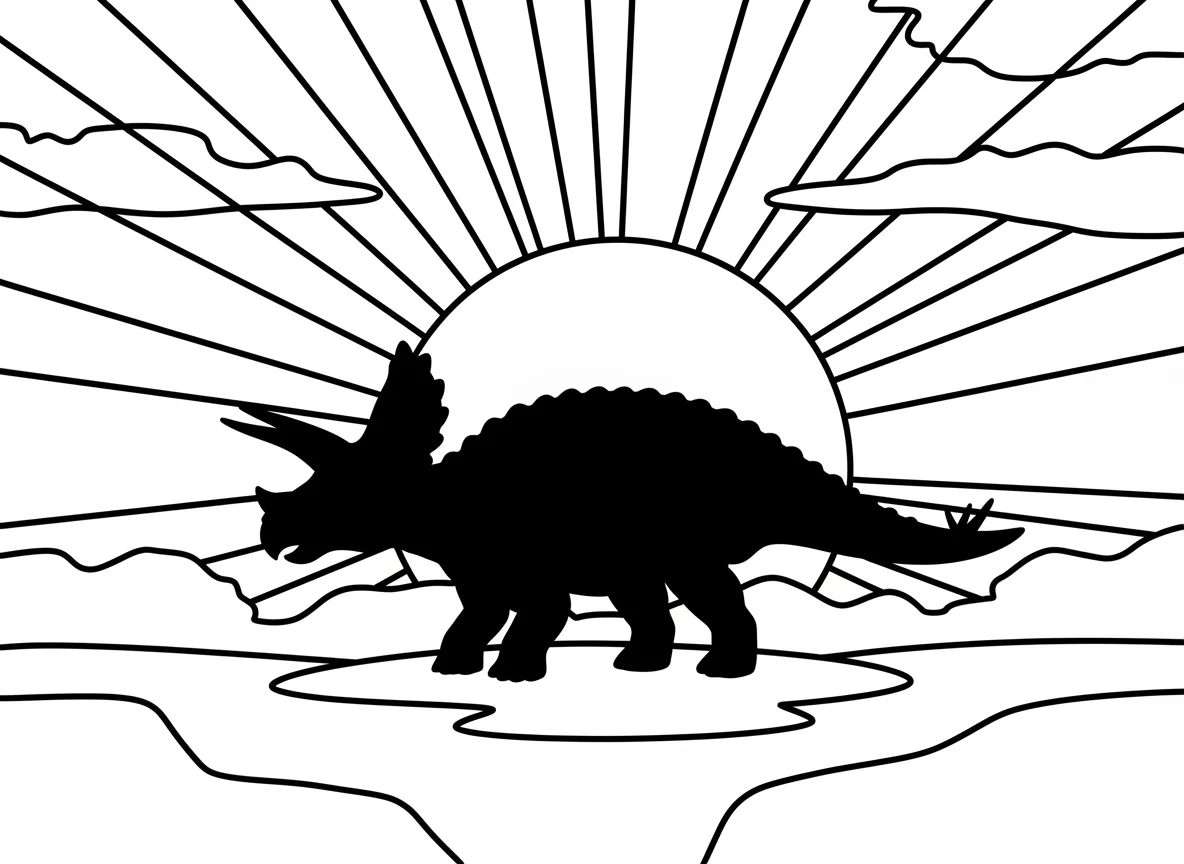 Styracosaurus at sunset, spectacular horn silhouette against orange sky, colorin — free coloring page