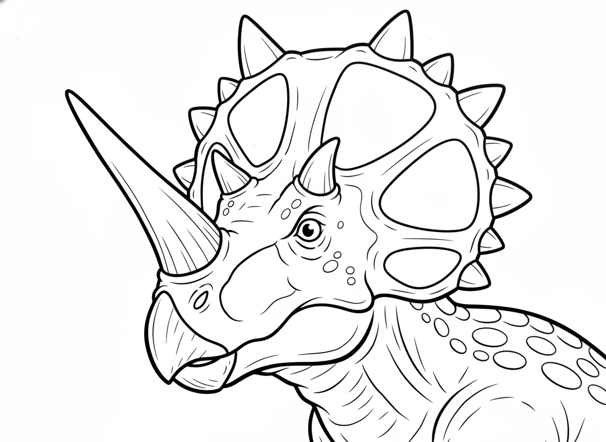 Styracosaurus close-up of extraordinary horned frill, each spike detailed, centr — free coloring page