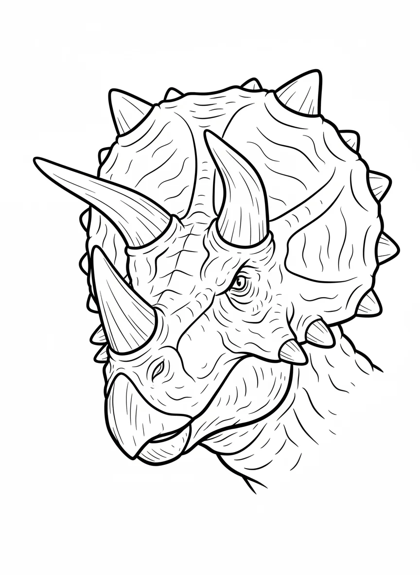 Styracosaurus close-up of extraordinary horned frill, each spike detailed, centr — free coloring page