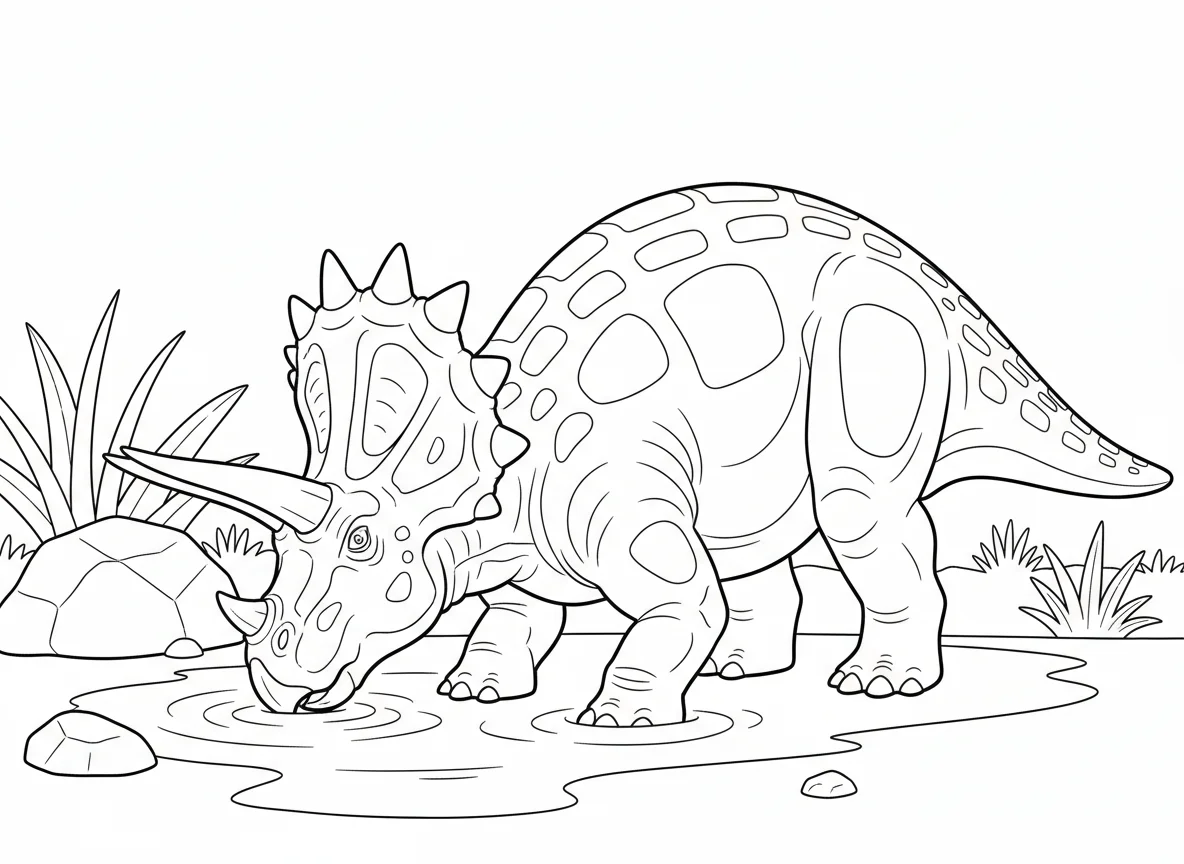 Styracosaurus drinking at a prehistoric watering hole, massive horned head lower — free coloring page