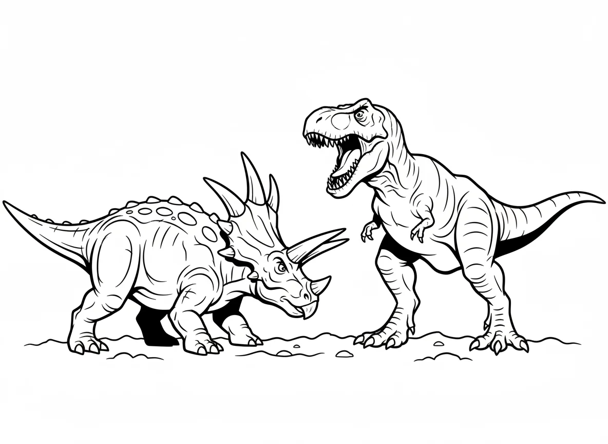 Styracosaurus facing a T-Rex, magnificent horn display, not backing down, dramat — free coloring page