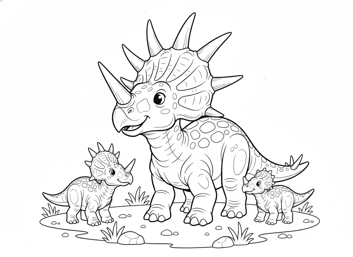 Styracosaurus family portrait, adult horn complexity contrasted with juvenile de — free coloring page
