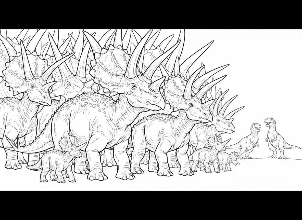 Styracosaurus herd, horn frills creating a forest of spikes, predators keeping t — free coloring page