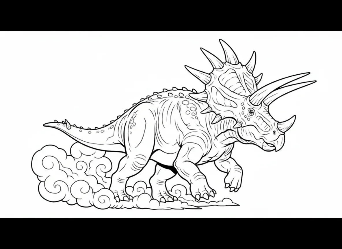 Styracosaurus with its spectacular frill of long horns radiating outward, chargi — free coloring page
