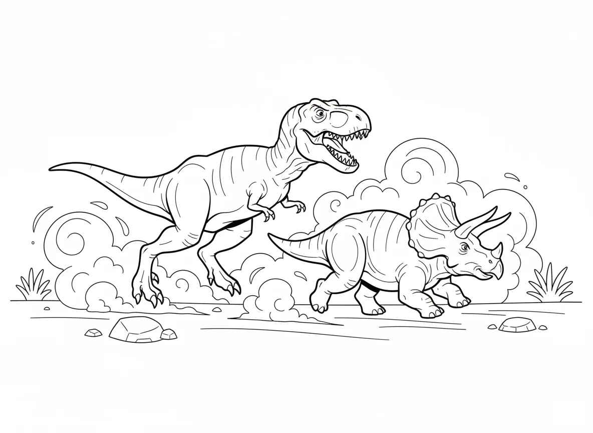 T-Rex chasing a Triceratops across an open plain, dust clouds rising from thunde — free coloring page