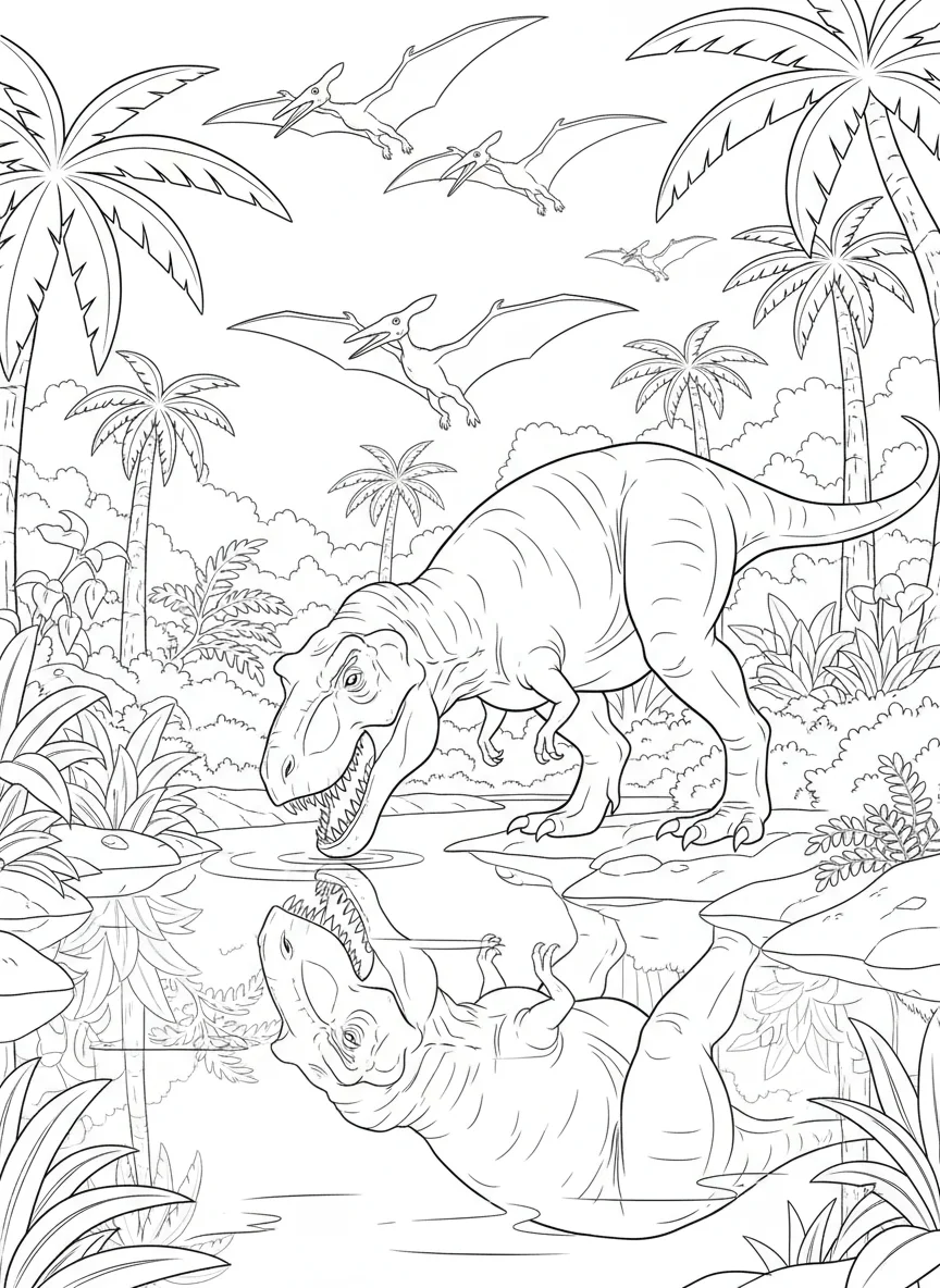 T-Rex drinking from a prehistoric river, reflection visible in water, pterodacty — free coloring page