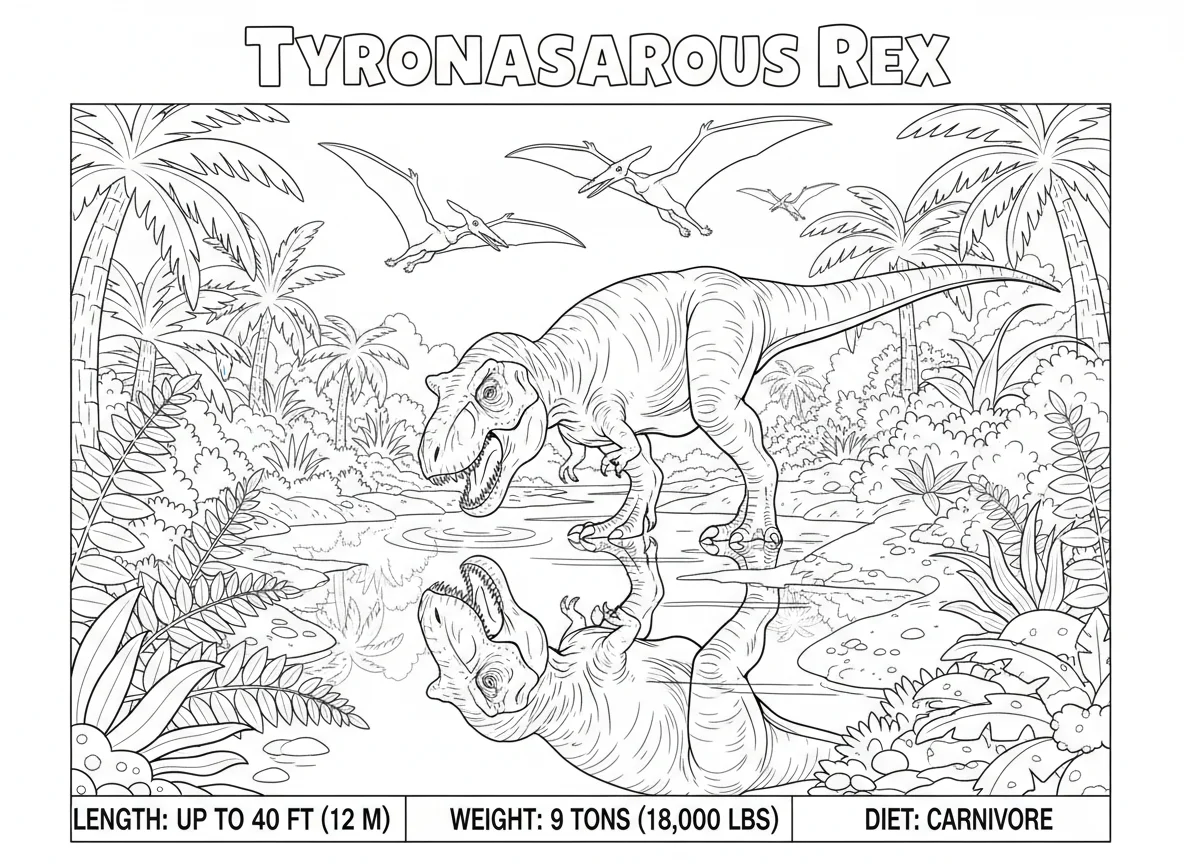 T-Rex drinking from a prehistoric river, reflection visible in water, pterodacty — free coloring page