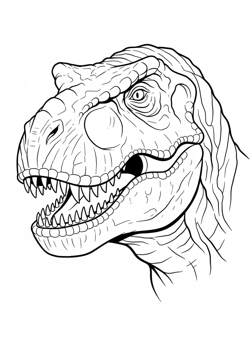 T-Rex head close-up portrait, rows of sharp teeth, detailed scaly skin texture,  — free coloring page