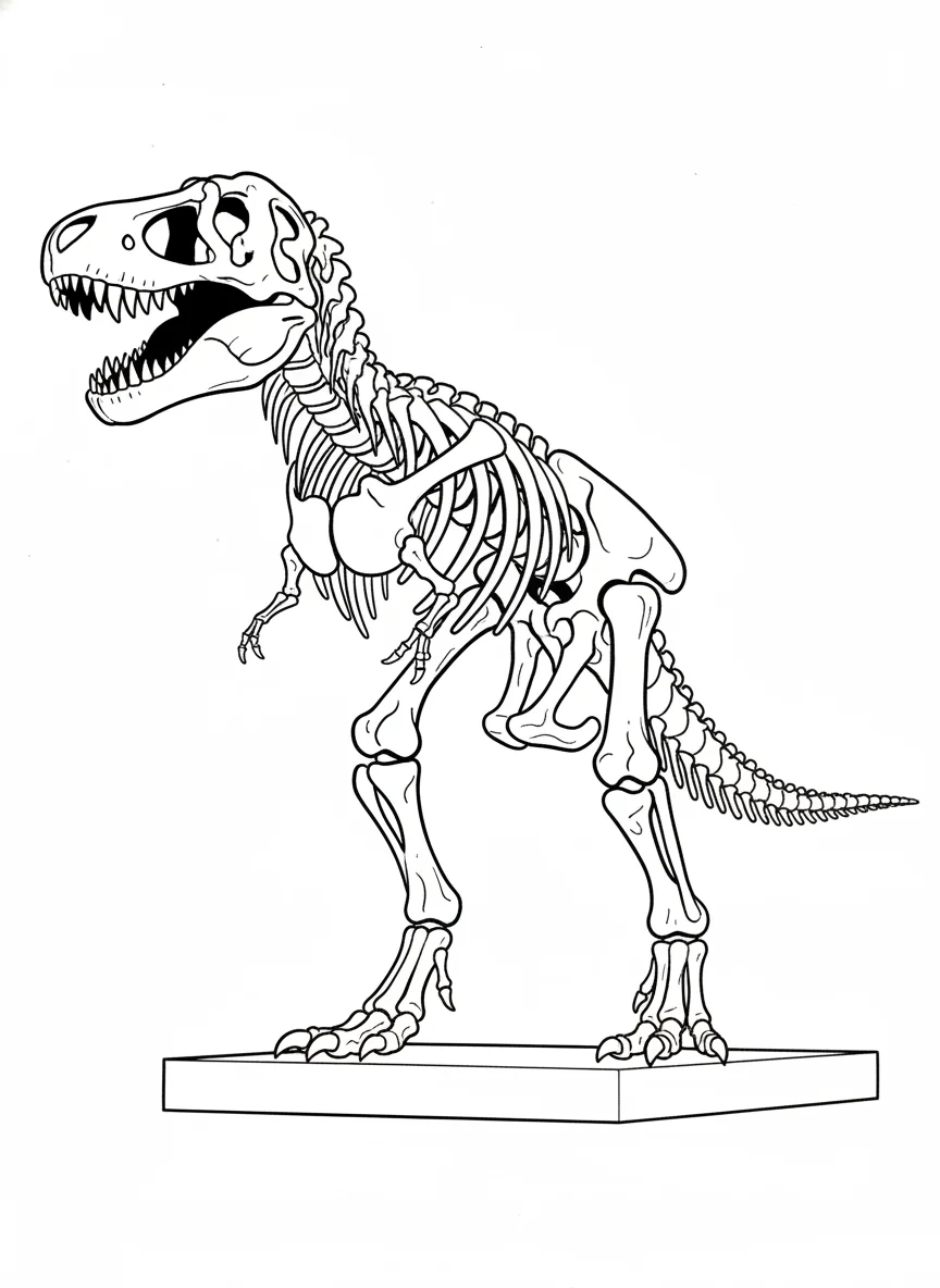 T-Rex skeleton standing in a museum pose, detailed bones and ribcage, dramatic l — free coloring page