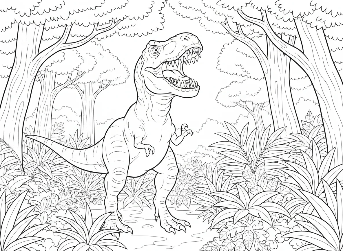 T-Rex standing tall in a prehistoric jungle, roaring with mouth wide open showin — free coloring page