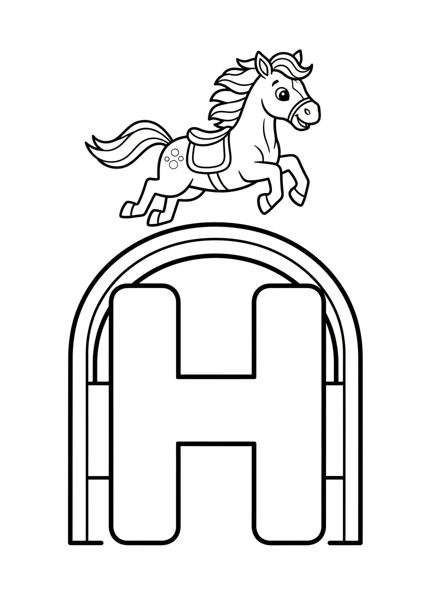 the letter H large, in the shape of a Horse Race Starting Gate, cute horse shown — free coloring page