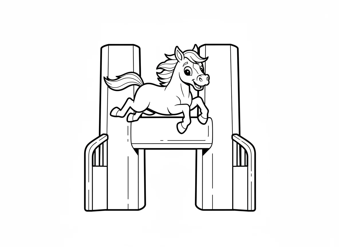 the letter H large, in the shape of a Horse Race Starting Gate, cute horse shown — free coloring page