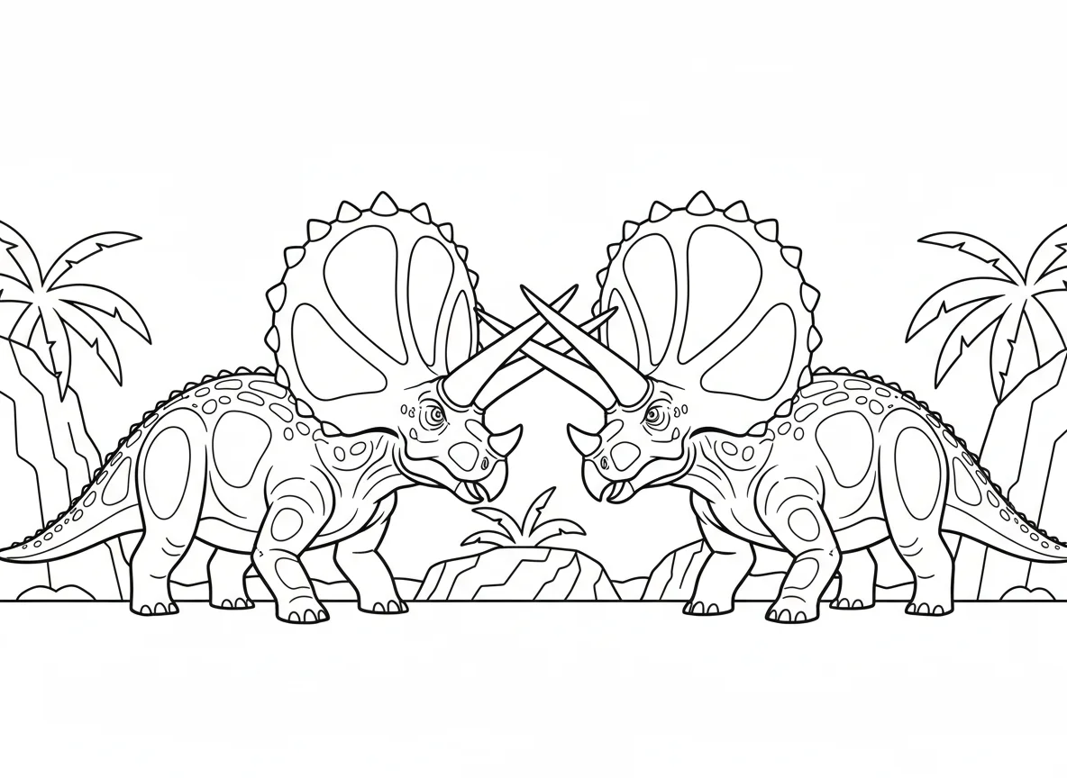 Two male Styracosaurus in horn display competition, frills spread to maximum, co — free coloring page
